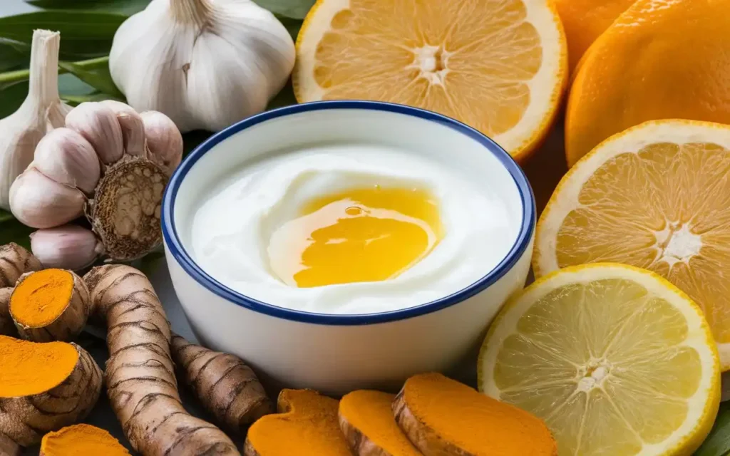 A selection of immune-boosting foods from Gary Brecka’s diet, including garlic, turmeric, Greek yogurt, and citrus fruits