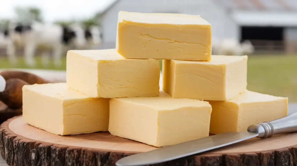 Slices of grass-fed butter on a wooden cutting board