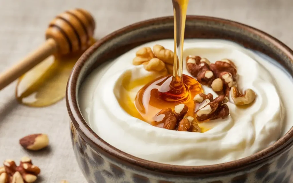 A bowl of Greek yogurt drizzled with honey and topped with mixed nuts.