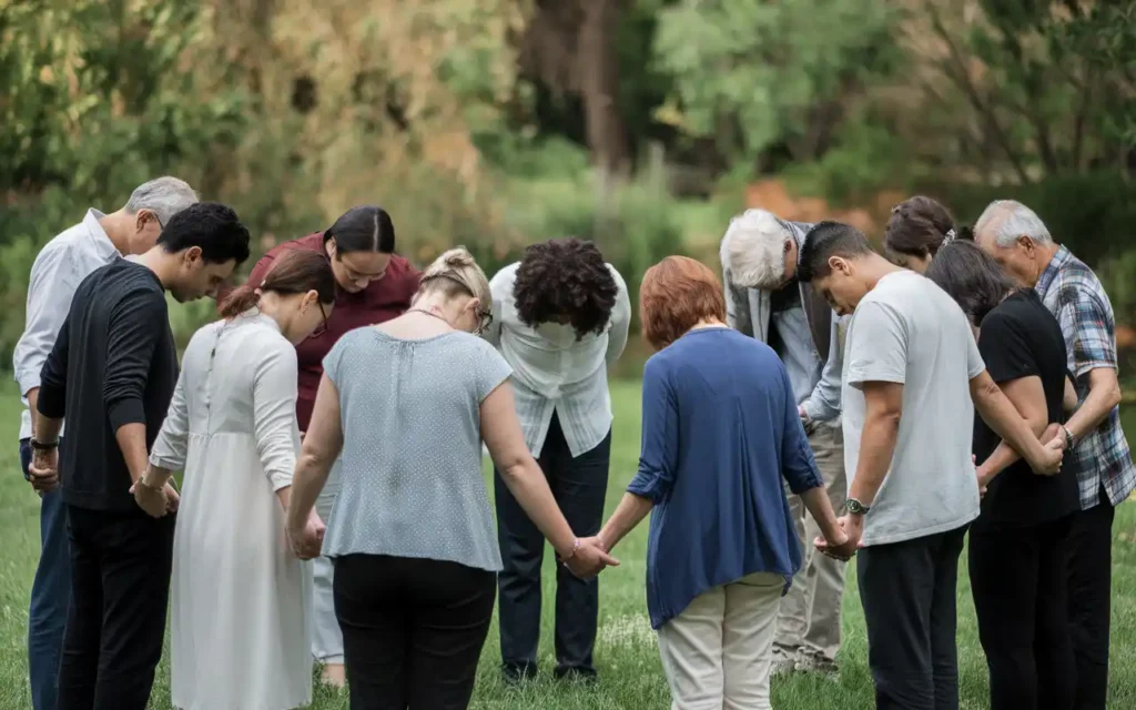 Group of people holding hands in a prayer circle