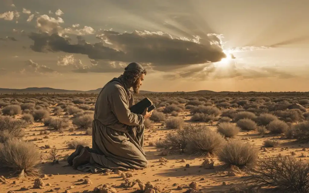 A man praying in the wilderness, seeking guidance through Bible verses