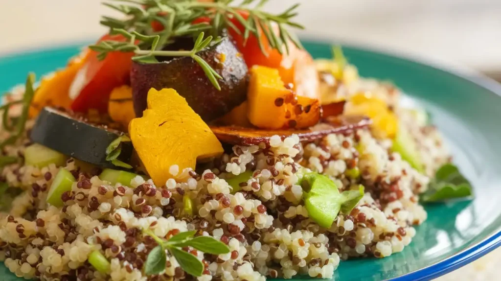 A colorful plate of turmeric-spiced quinoa salad with roasted vegetables and greens.