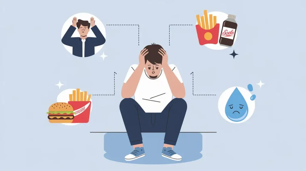 A concept illustration showing a person holding their head in pain with food and stress-related icons surrounding them.