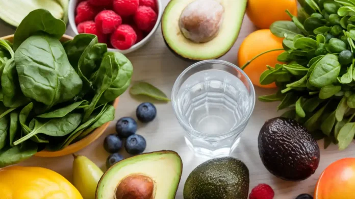 A table filled with fresh vegetables, fruits, and water, illustrating the heal your headache diet.