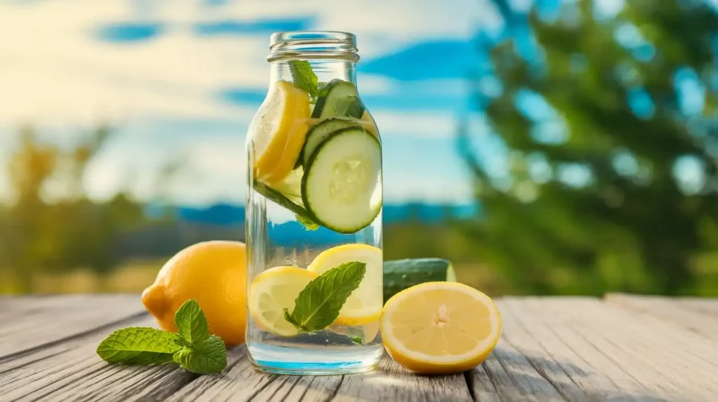 A close-up of a water bottle with fruits like lemons and cucumbers inside, set against a sunny background.