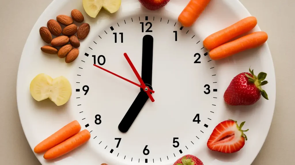  A minimalist clock plate with healthy snacks like nuts, berries, and vegetables placed at different 'times.'