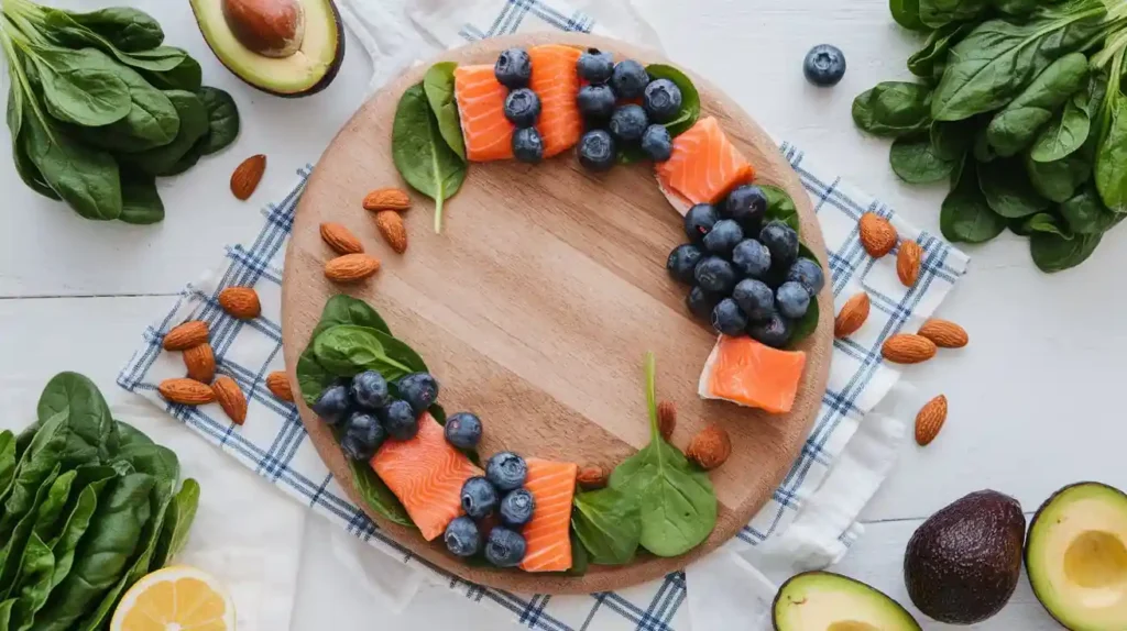  A colorful display of superfoods like salmon, spinach, almonds, and blueberries, arranged on a wooden cutting board.