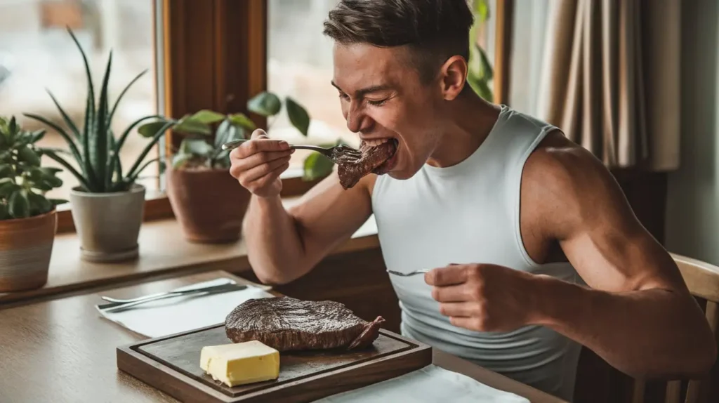 A fit and healthy person enjoying a high-fat carnivore meal.