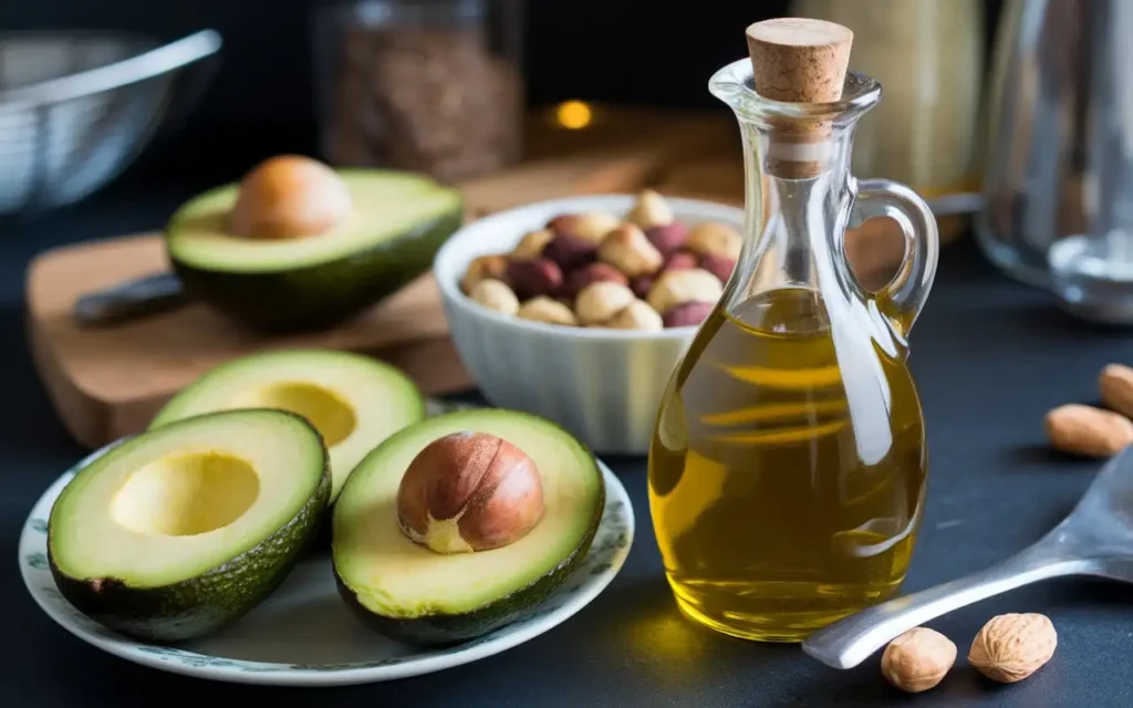 Avocados, nuts, and olive oil as healthy fat options for swimmers.