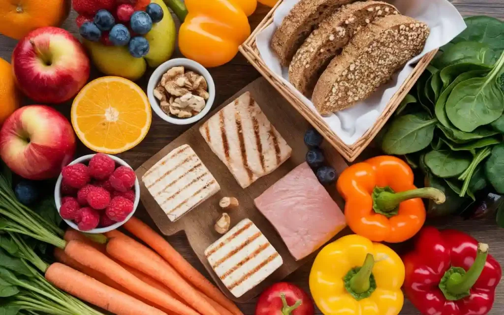 A table filled with fresh fruits, vegetables, and lean proteins for a diet after kidney transplant.