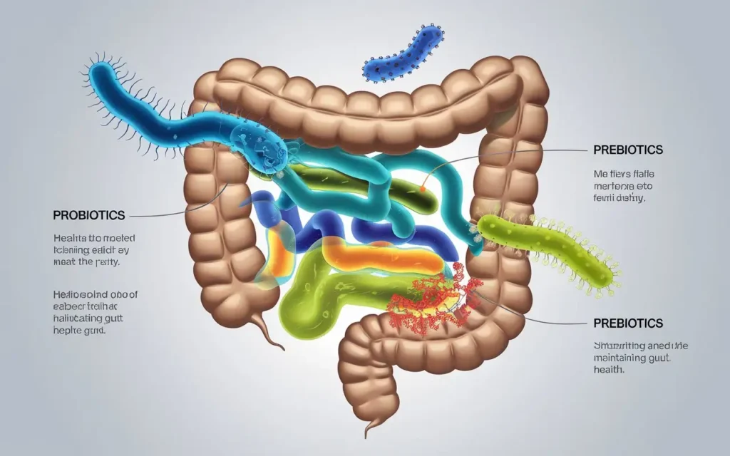 Illustration of the gut microbiome showing beneficial bacteria supporting gut health