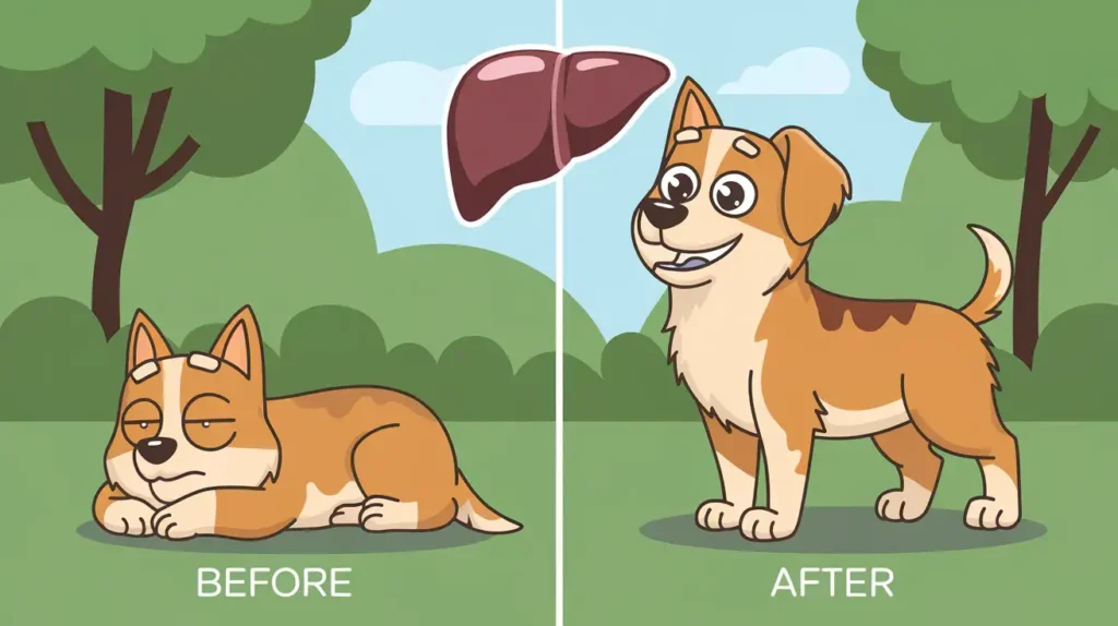 Illustration of a dog's liver health improving with a hepatic diet