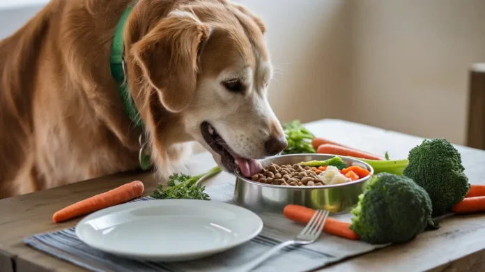 Happy dog eating a hepatic diet meal to support liver health