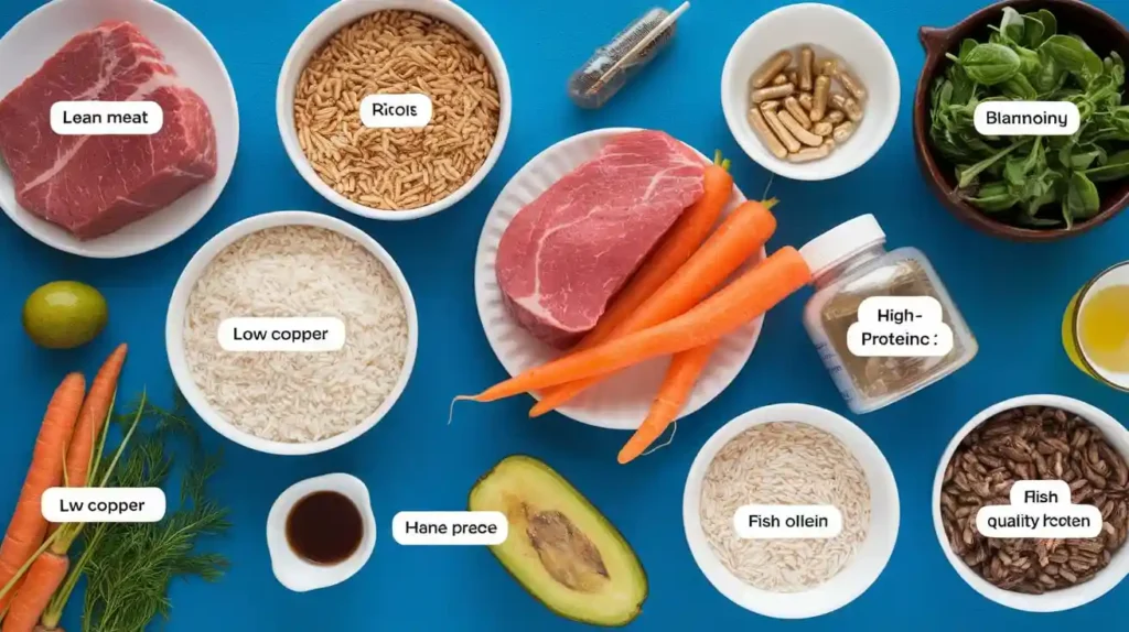 A table showcasing the key nutrients in a hepatic diet for dogs.