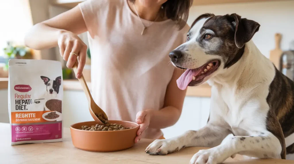 Dog owner gradually introducing a hepatic diet for their pet