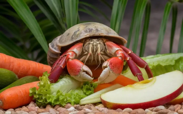 A vibrant image of a hermit crab eating fresh vegetables, representing the hermit crab diet.