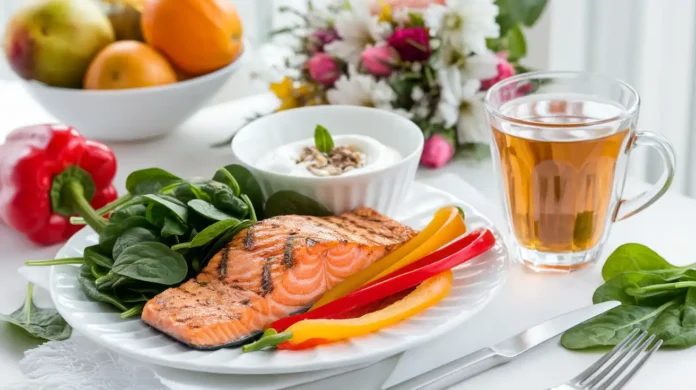 A vibrant and nutritious herpes diet meal with fresh vegetables, salmon, and herbal tea