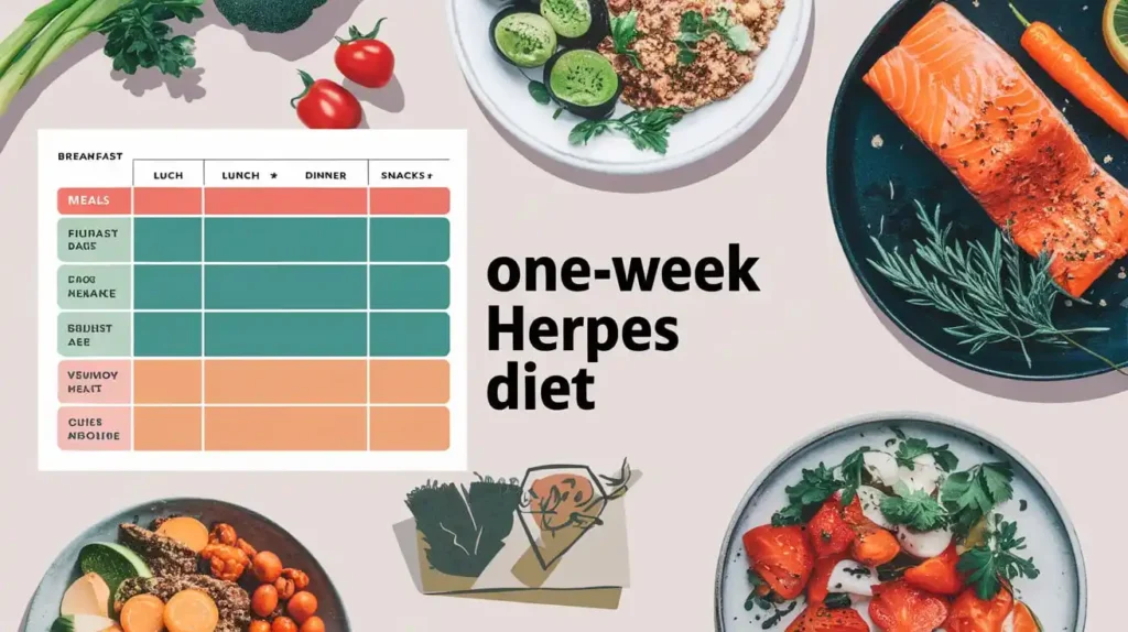 A one-week herpes diet meal plan displayed in an organized table format.