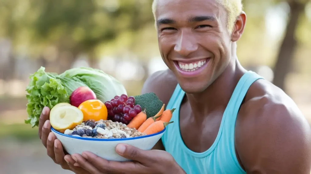 A fit, energetic person holding a bowl of fresh fruits and grains.