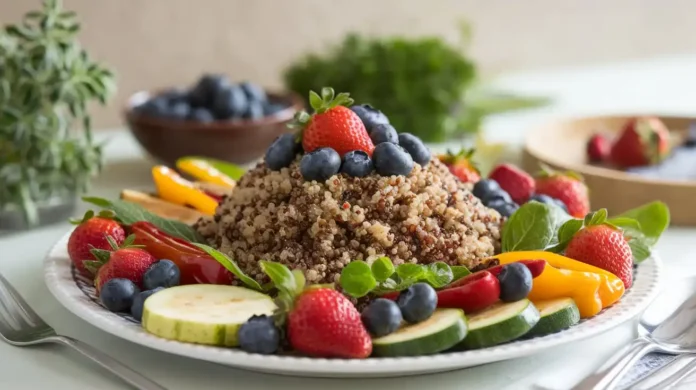 A healthy meal of whole grains, vegetables, and fruits representing a high carb diet for weight loss.