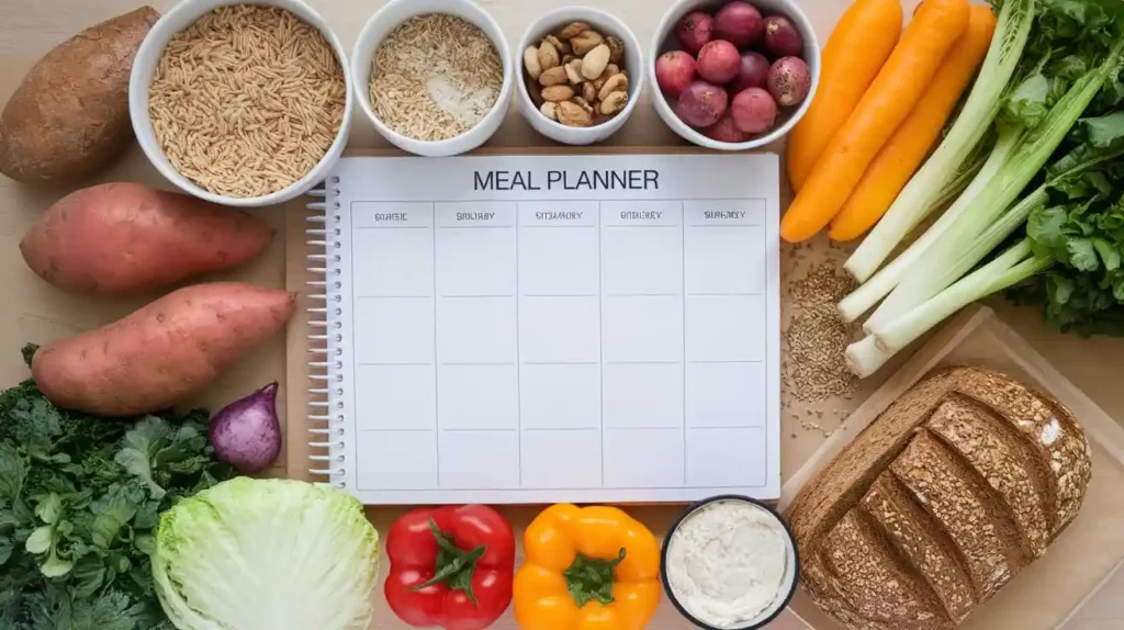 A weekly meal plan with high-carb meals and ingredients.