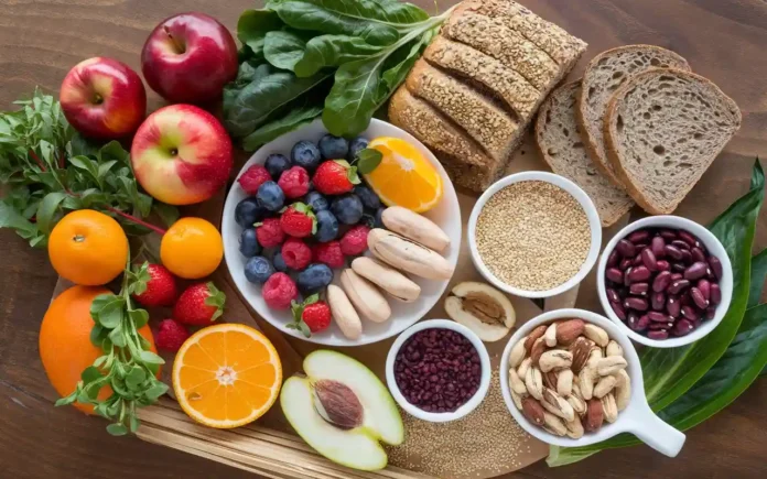 A colorful spread of high-fiber foods, including fruits, vegetables, whole grains, and nuts, symbolizing a healthy diet plan