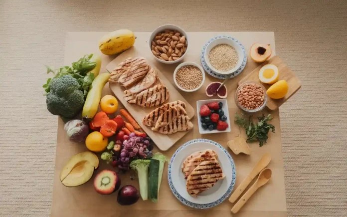 A visually appealing table of high protein and high fiber foods, such as lentils, chicken, quinoa, and vegetables.