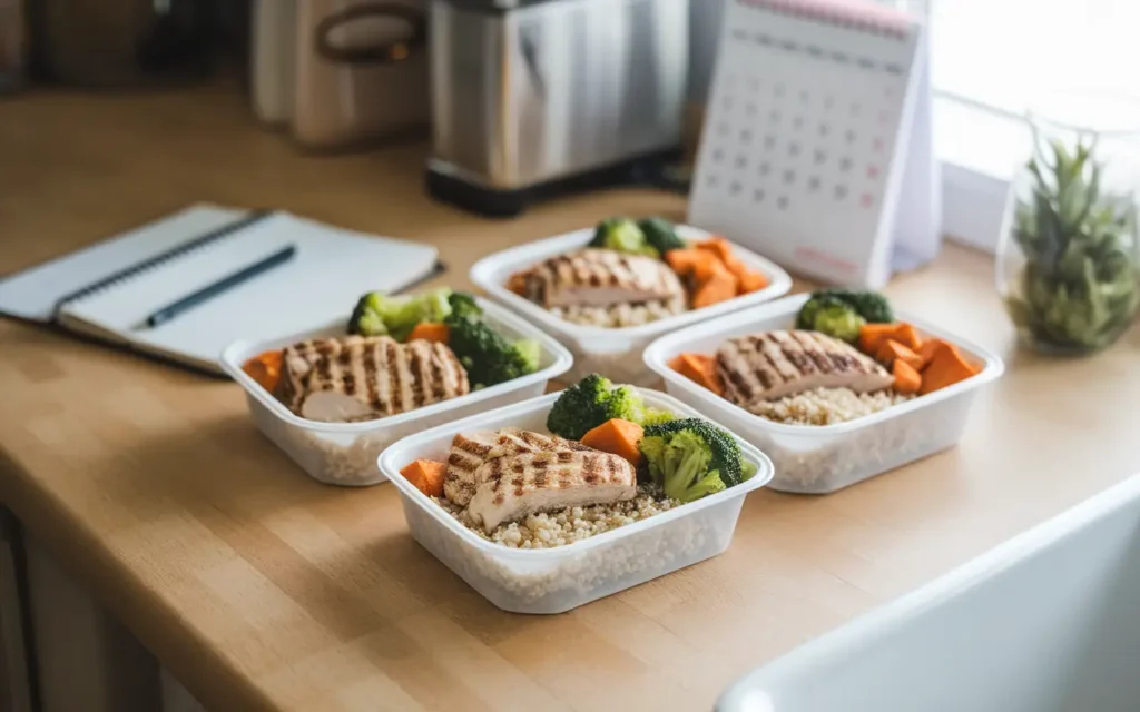 Prepped high protein and high fiber meals in reusable containers, ready for a week's worth of healthy eating.