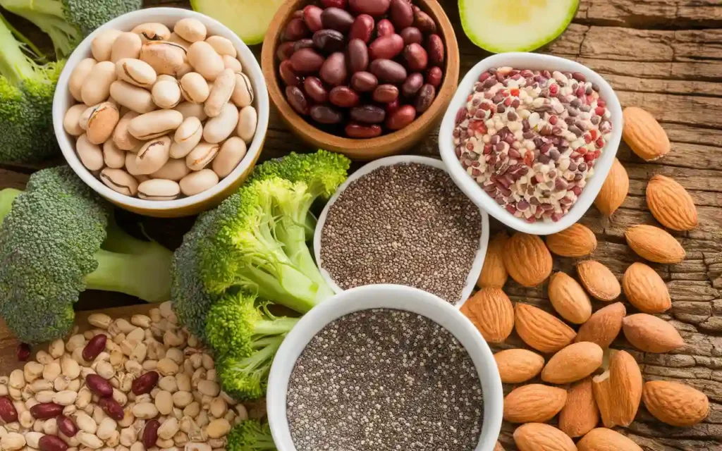 A variety of high protein and high fiber foods, such as beans, broccoli, and whole grains, displayed on a rustic wooden surface.