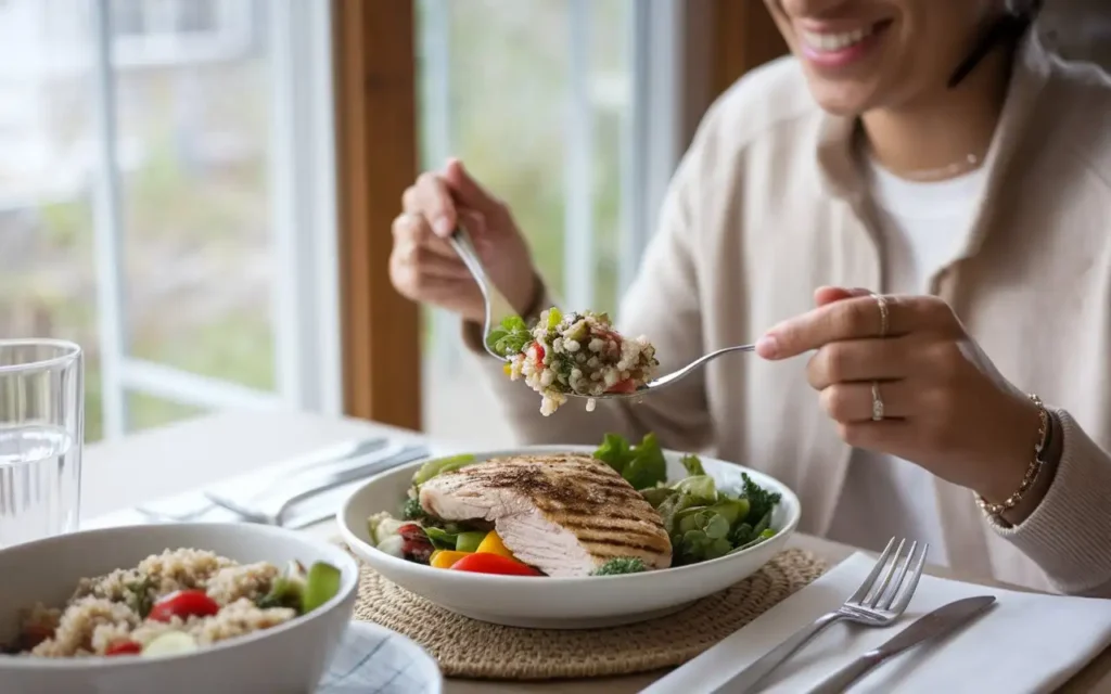 A smiling individual enjoying a healthy meal that includes grilled chicken and salad, symbolizing the benefits of a high protein high fiber diet.