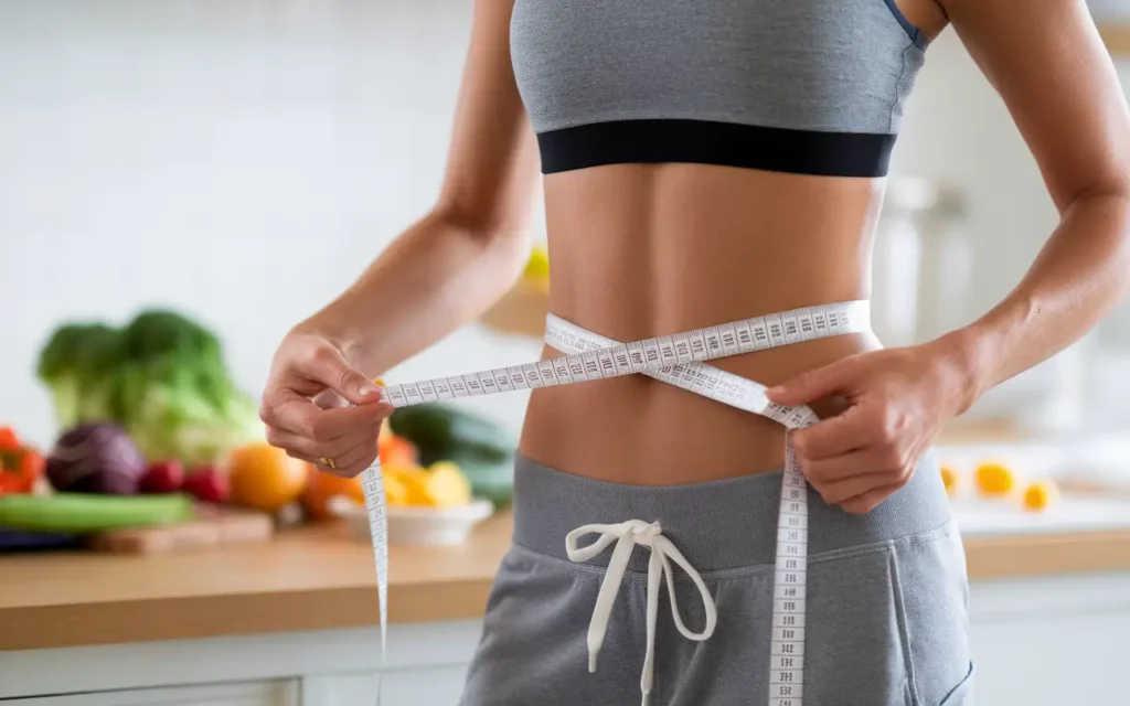 A fit individual holding a measuring tape around their waist, symbolizing the weight loss benefits of a high protein high fiber diet.