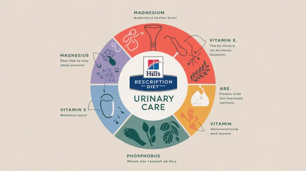 Nutritional chart showing key ingredients in hill's prescription diet urinary care.
