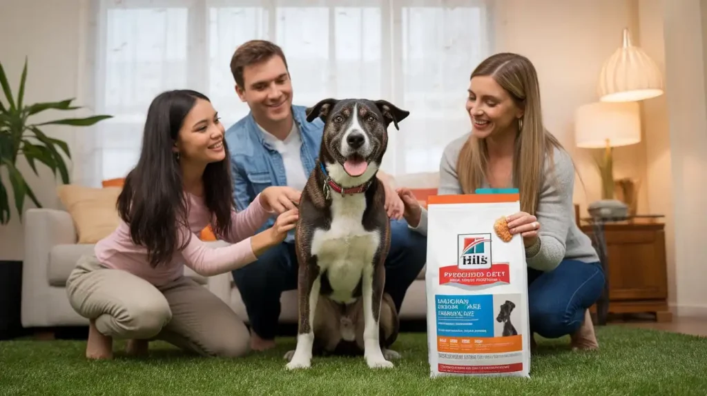 Smiling pet owners with a healthy dog that uses hill's prescription diet urinary care.
