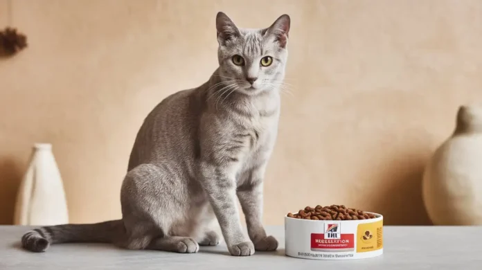 A bowl of hill's prescription diet urinary care food with a healthy cat nearby.