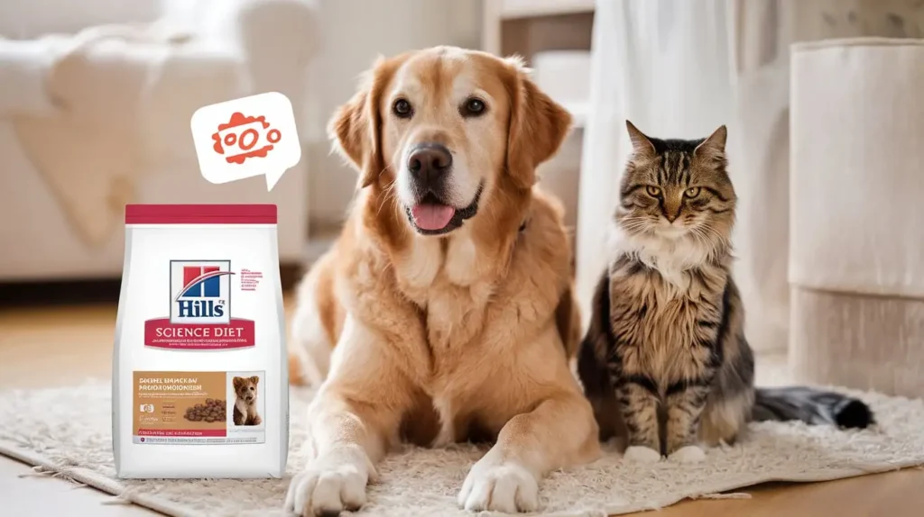 A happy dog and cat sitting beside a bag of Hill's Science Diet pet food, with a visible coupon.