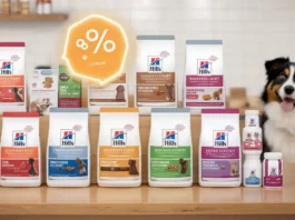 A collection of Hill's Science Diet pet food products with a vibrant coupon overlay.