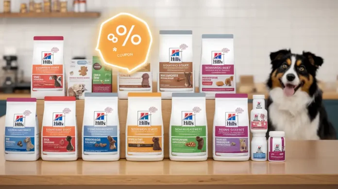 A collection of Hill's Science Diet pet food products with a vibrant coupon overlay.