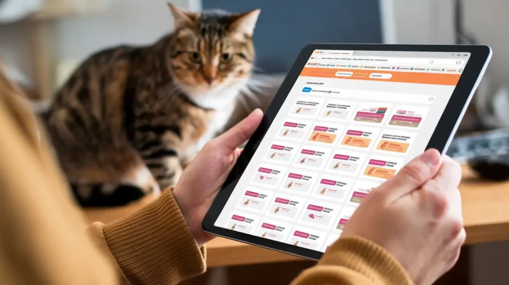 A pet owner browsing coupons for Hill's Science Diet on a tablet.
