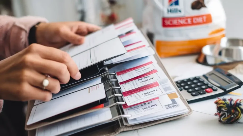 A pet owner organizing Hill's Science Diet coupons in a planner.