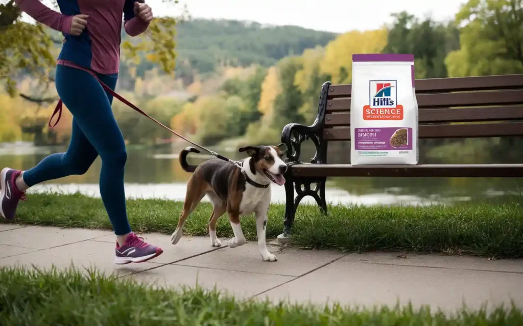 A person exercising alongside their dog with Hill's Science Diet nearby.