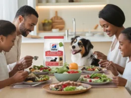 A family enjoying a healthy meal with Hill's Science Diet Weight Management.