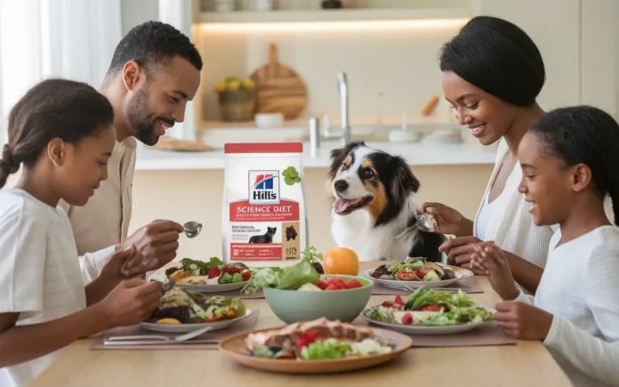 A family enjoying a healthy meal with Hill's Science Diet Weight Management.