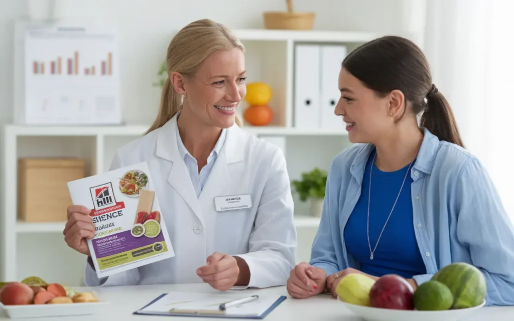 A nutritionist explaining Hill's Science Diet Weight Management to a young woman.