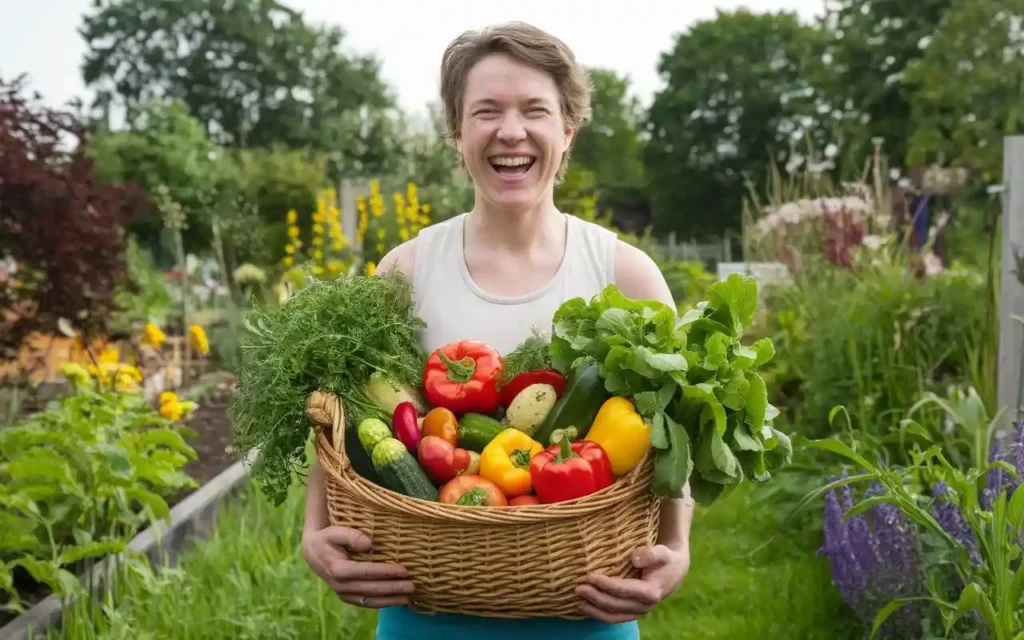 A happy, energetic person outdoors holding a basket of fresh produce, symbolizing the benefits of a holistic diet.
