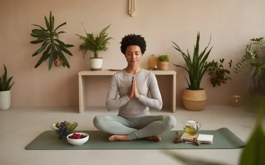 A person practicing mindfulness with healthy food nearby, emphasizing the link between holistic diets and mental well-being.
