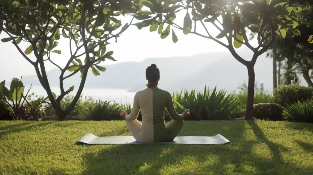 A person meditating in a natural setting with a focus on stress reduction for gut health.