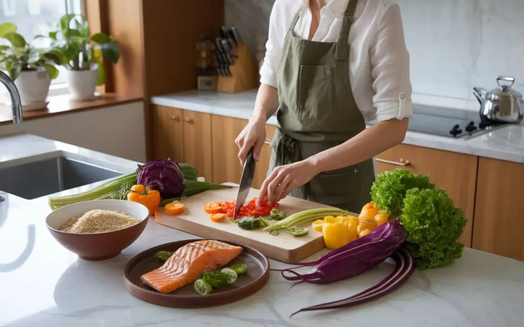 A chic woman preparing a balanced Hollywood Diet meal with fresh ingredients.
