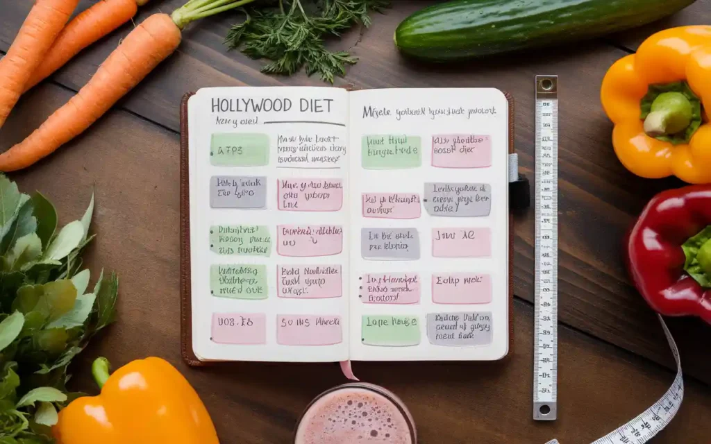 A detailed Hollywood Diet plan written in a notebook next to fresh produce.
