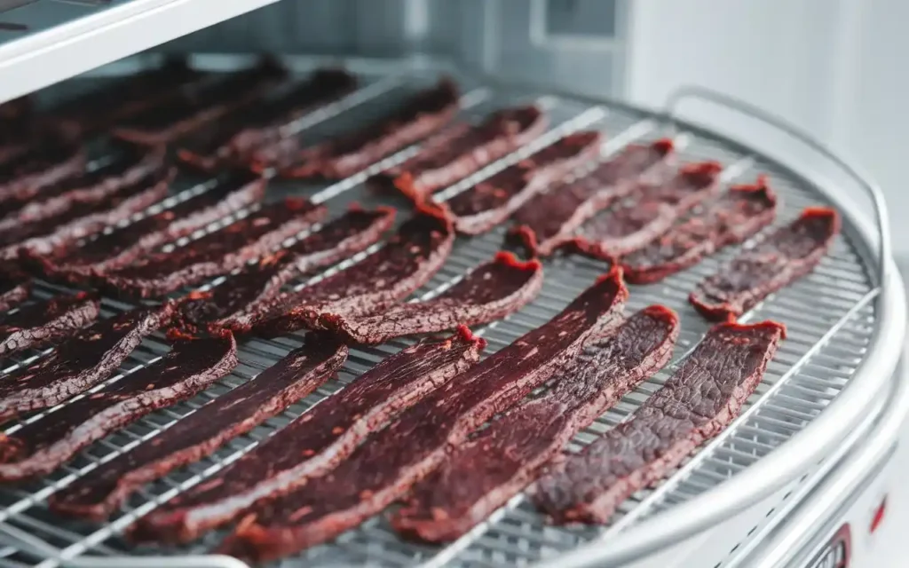 Homemade beef jerky strips drying on a food dehydrator, perfect for a clean carnivore diet