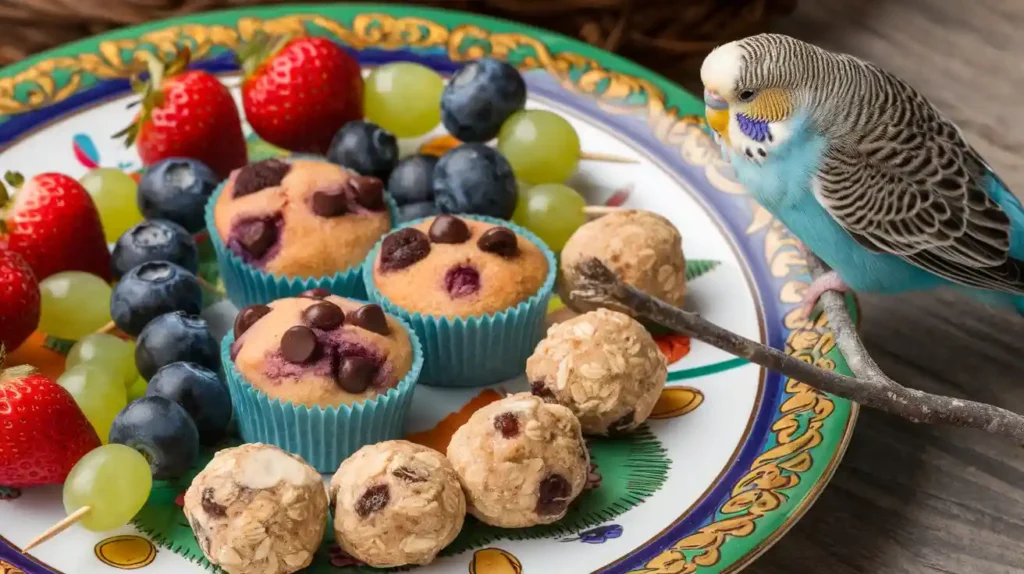 A variety of homemade budgie treats, such as fruit kebabs and seed-free muffins, on a decorative plate.